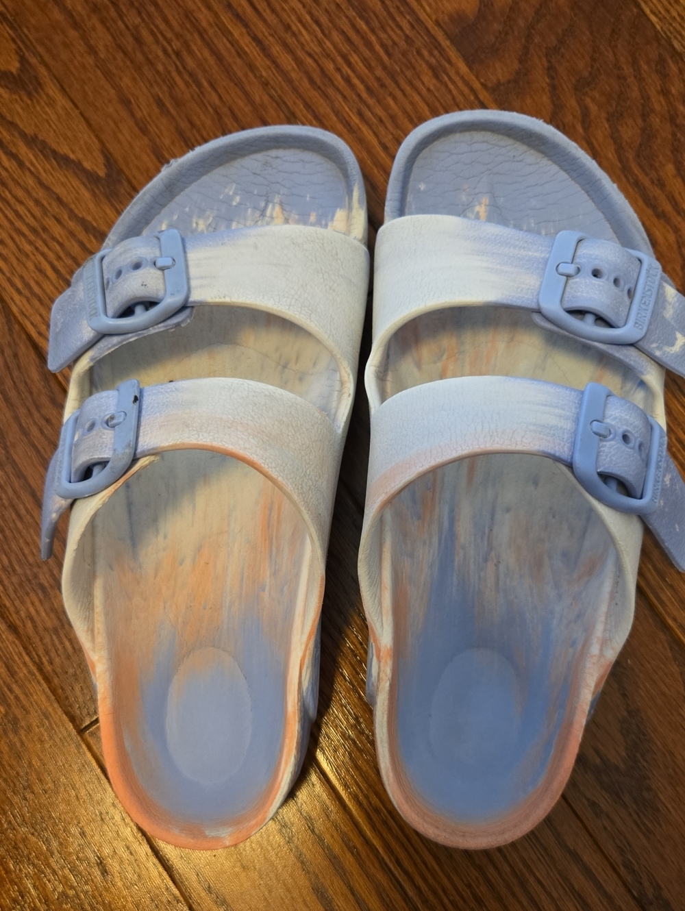 Birkenstock Kids Double-Strap Slides in Light Blue and Peach